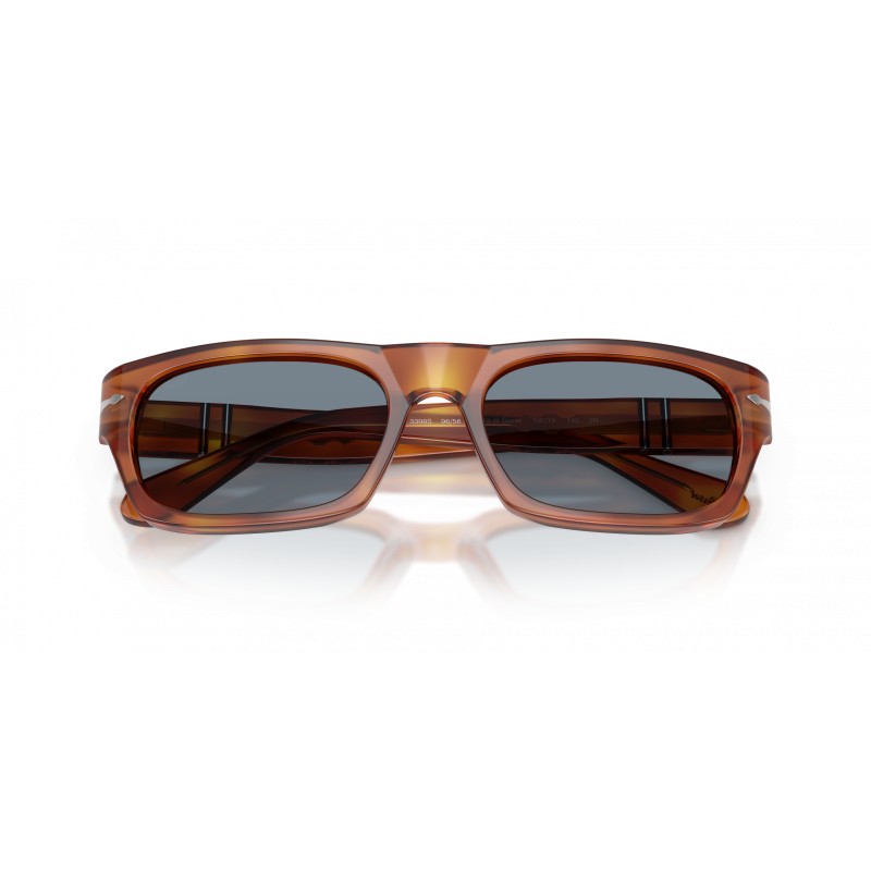 Occhiali da sole Persol PO3398S 96/56 per uomo, montatura marrone, lenti azzurre, misura 58