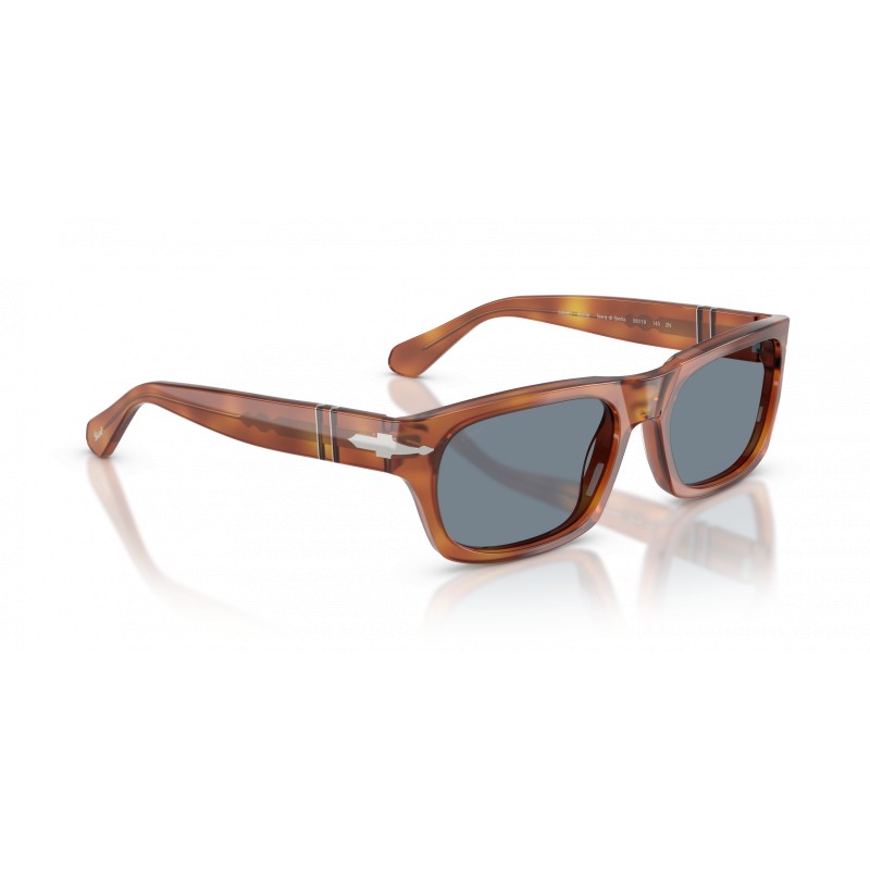 Occhiali da sole Persol PO3398S 96/56 per uomo, montatura marrone, lenti azzurre, misura 58