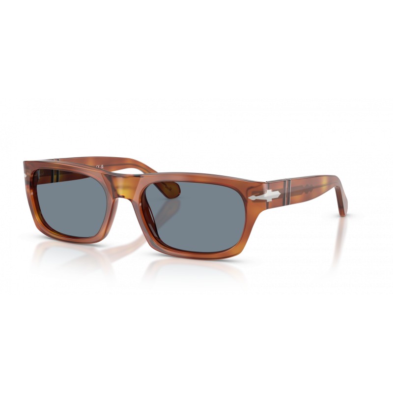 Occhiali da sole Persol PO3398S 96/56 per uomo, montatura marrone, lenti azzurre, misura 58