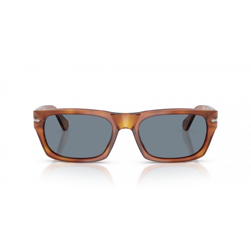 Occhiali da sole Persol PO3398S 96/56 per uomo, montatura marrone, lenti azzurre, misura 58